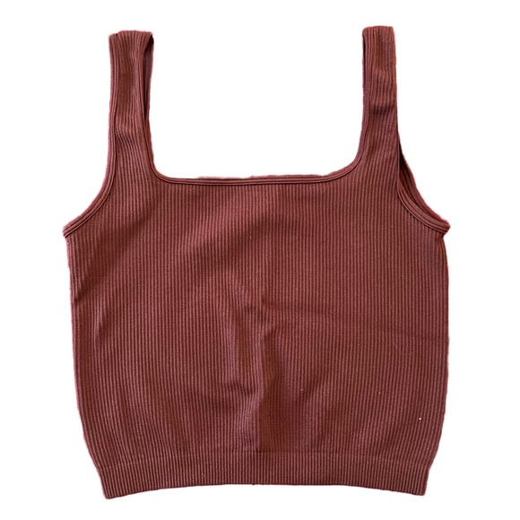 BROWN SEAMLESS RIBBED KNIT CROPPED SQUARE NECK TANK TOP SIZE SMALL - Picture 1 of 4